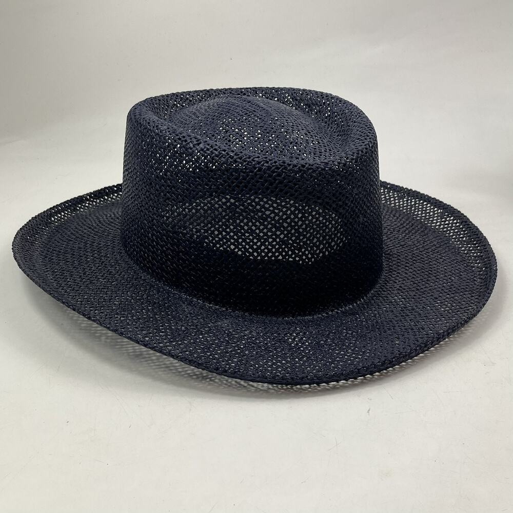Vtg Woven Straw Boater Hat Unisex Fedora Dark Navy Blue Beach Sun Hat Preppy